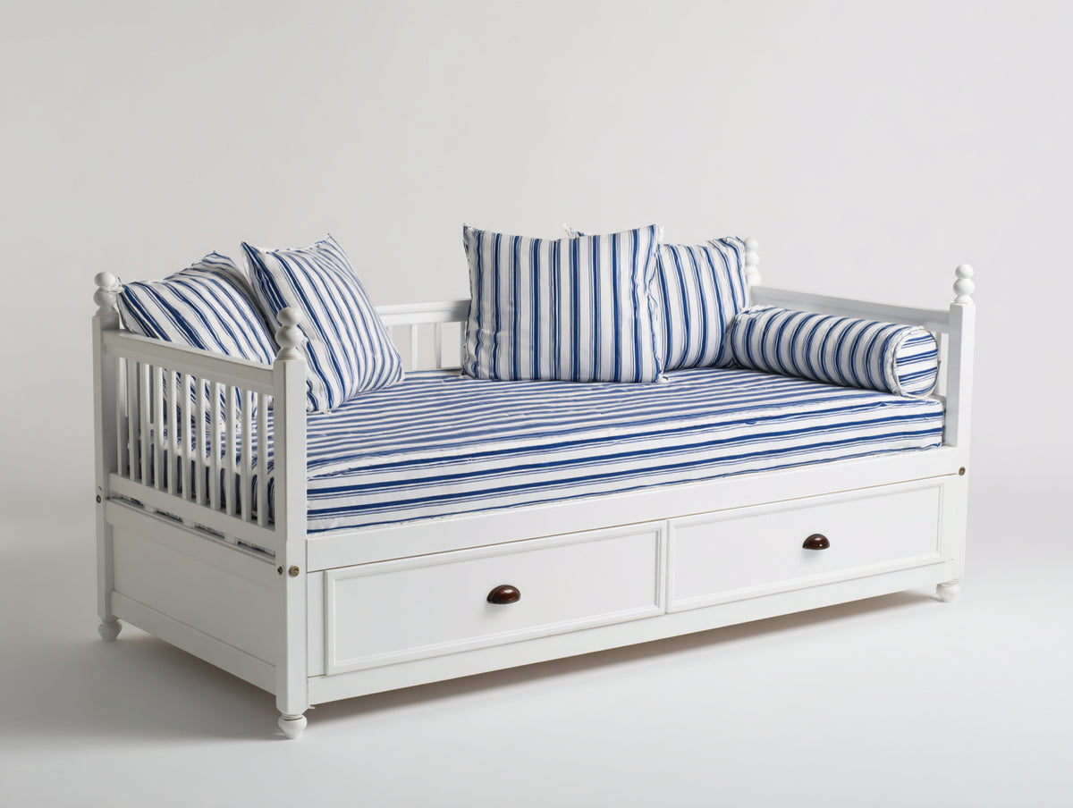 Sofás cama con 2 cajones 215x95x100 cm - Blanco y azul - Diseño clásico de madera