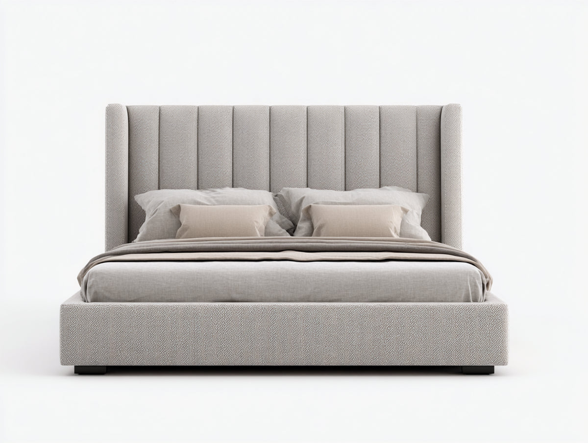 Camas dobles tapizada en tejido 220 x 180 x 140 cm para colchón de 200 x 160 cm - beige claro - cabecero alto moderno