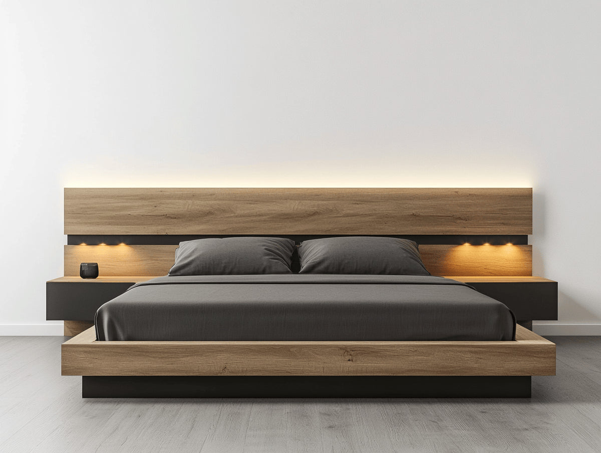 Camas dobles de madera 220x200x120 cm - Marrón-Negro - Cabecero con iluminación integrada - Diseño moderno para dormitorio