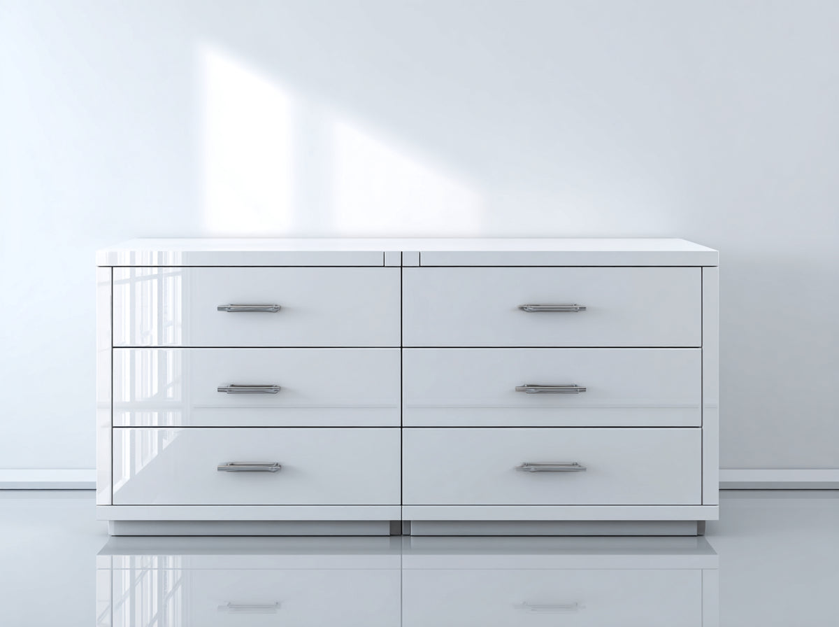 Cómodas de 6 cajones 160 x 45 x 85 cm - Blanco brillante - Diseño moderno con tiradores metálicos