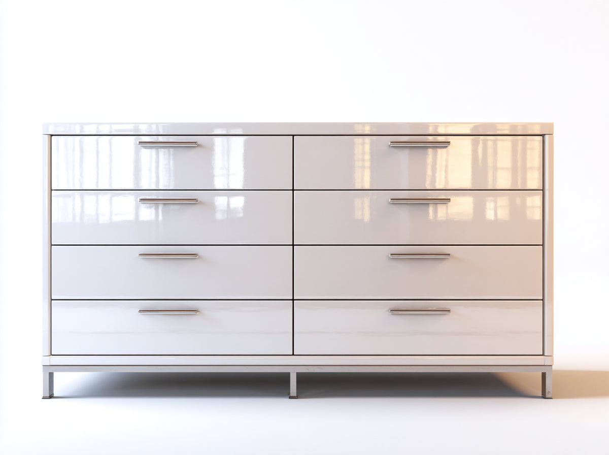 Cómodas de madera 160 x 45 x 85 cm - blanco brillante - 8 cajones con tiradores y patas metálicas