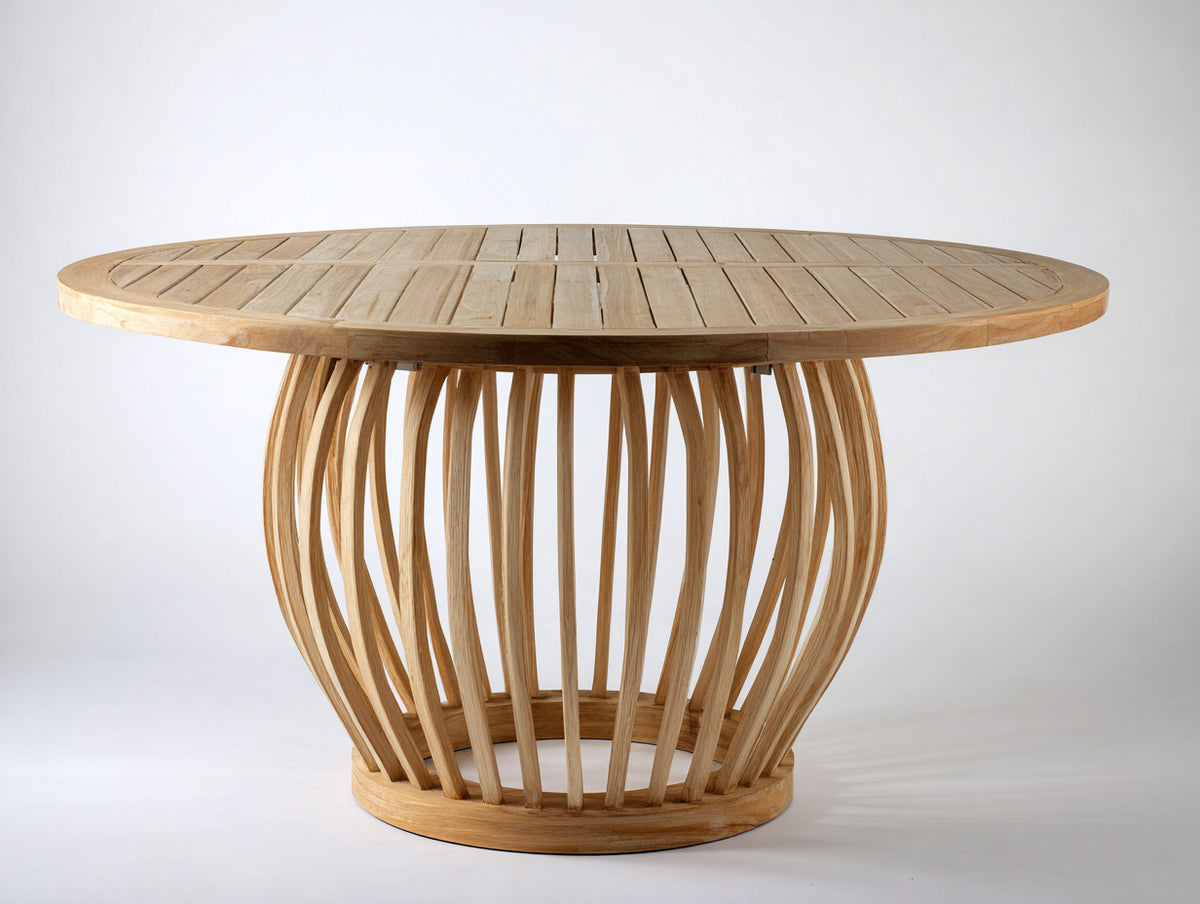 Mesas de jardín redondas de madera 180x180x76 cm - Marrón natural - Base curva de listones