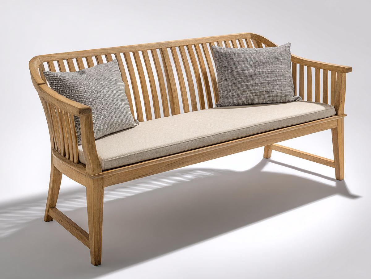 Bancos de jardín de madera 180x72x92 cm - Madera natural-Beige - Respaldo de listones y reposabrazos curvos - Diseño moderno para terraza