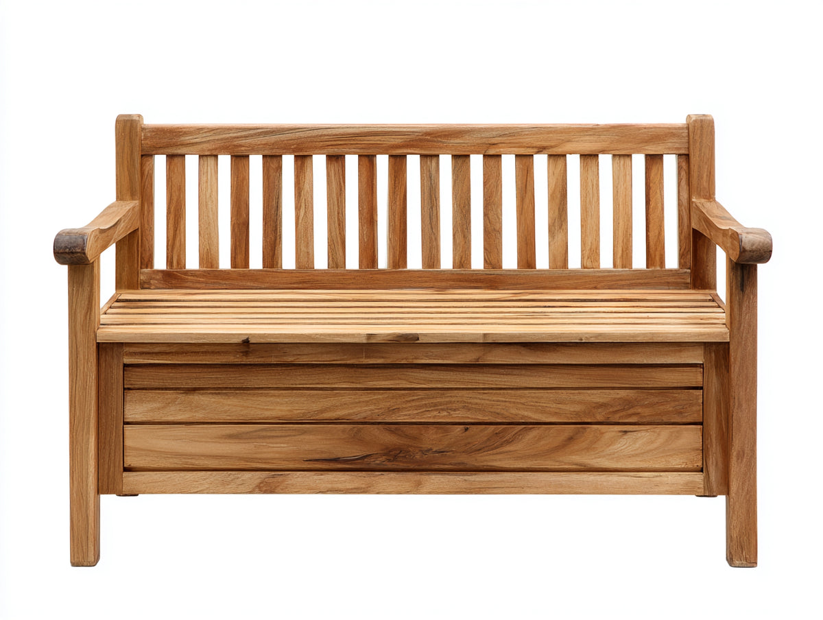 Bancos de jardín de madera 130 x 65 x 90 cm - marrón natural - 2 plazas con respaldo de listones y arcón de almacenaje