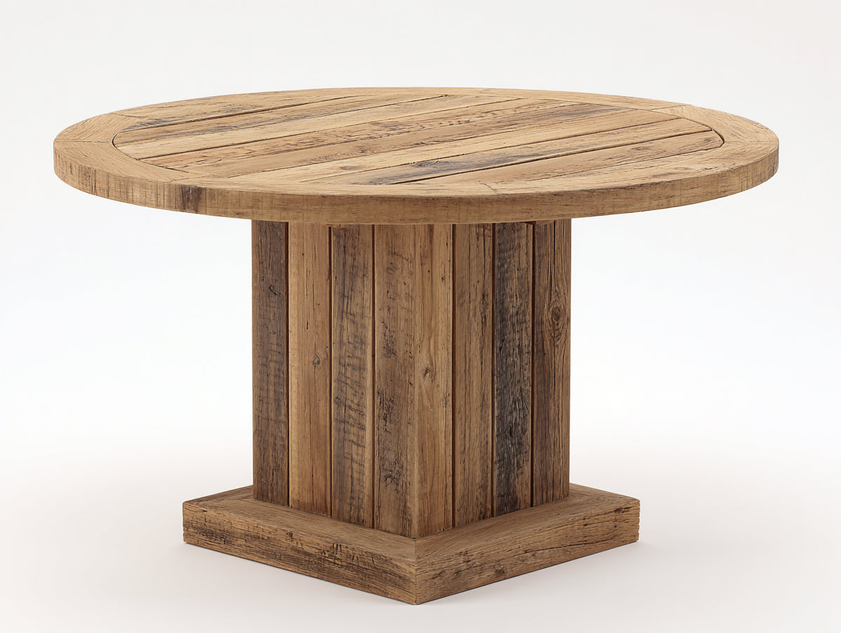 Mesas de jardín redonda de madera 120x120x76 cm - Marrón natural - Base central de estilo rústico