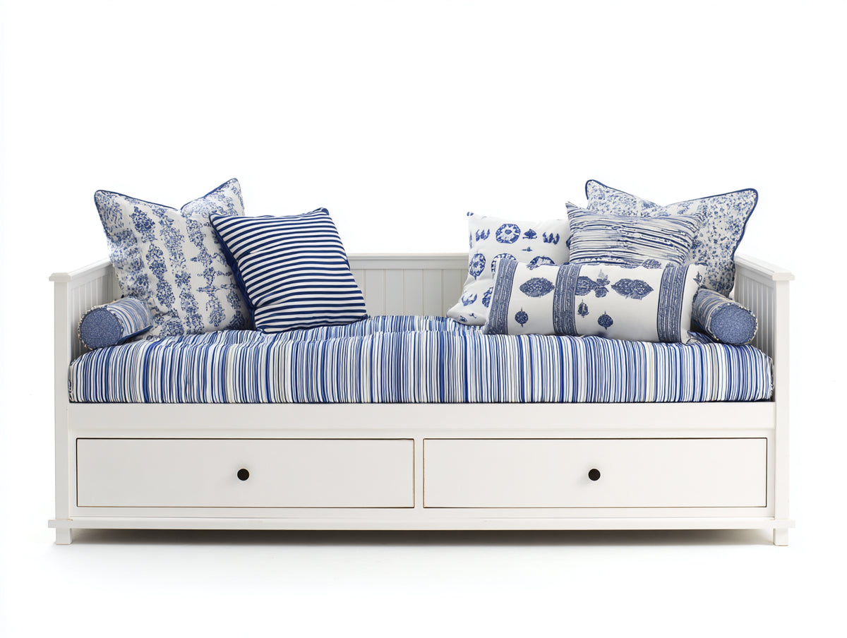 Sofás cama de madera 205x98x88 cm - Blanco-Azul - 2 cajones de almacenamiento - Diseño costero para dormitorio