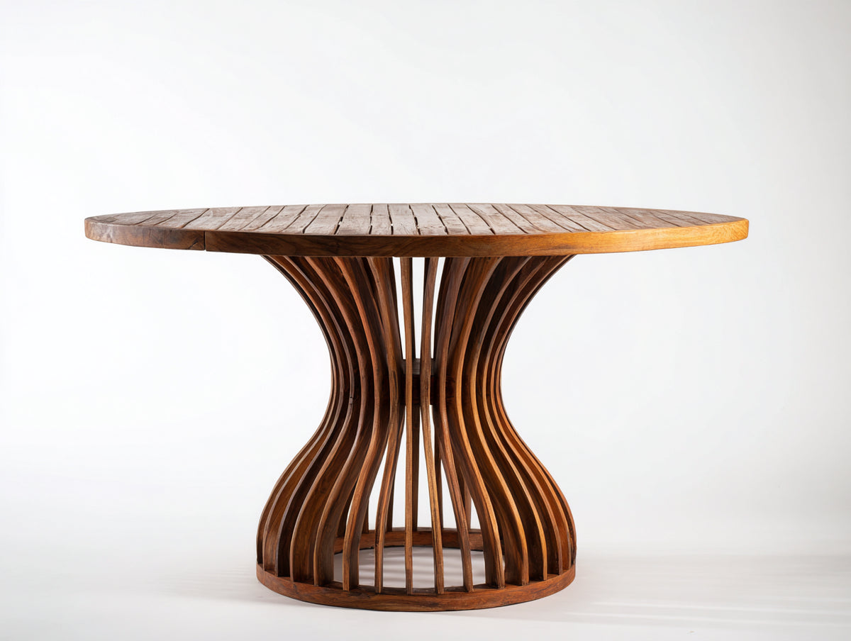 Mesas de jardín de madera 130x130x76 cm - Madera natural - Tablero redondo de listones y base curvada - Diseño escultórico para terraza