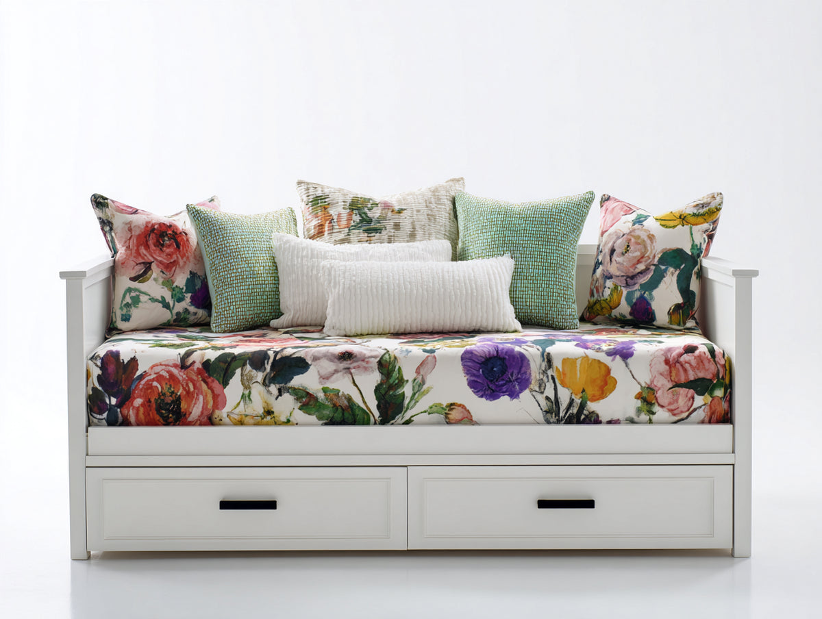 Sofás cama de madera y tejido 200 x 95 x 88 cm - blanco y estampado floral multicolor - 2 cajones y diseño clásico