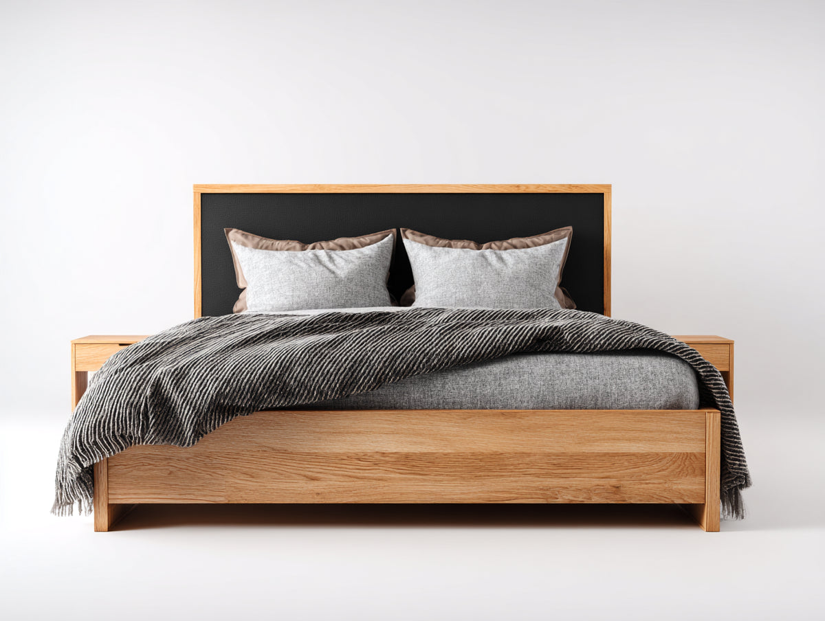 Camas dobles de madera 210x180x115 cm - Madera natural-Negro - Cabecero tapizado - Diseño moderno para dormitorio