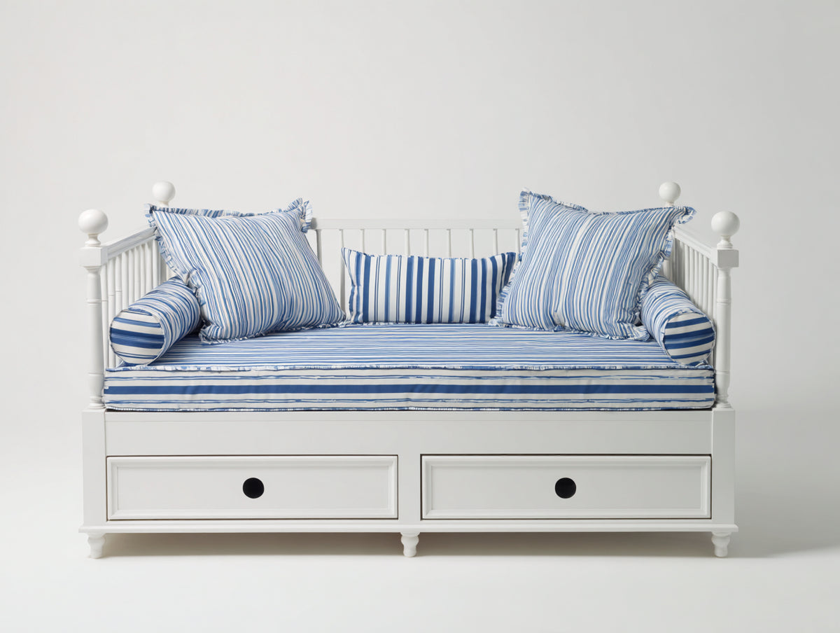 Sofás cama de madera y tejido 205 x 98 x 92 cm - blanco y azul - 2 cajones y diseño clásico con barrotes