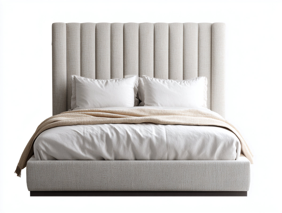 Camas dobles tapizada 218x180x160 cm - Beige y gris claro - Cabecero alto acanalado
