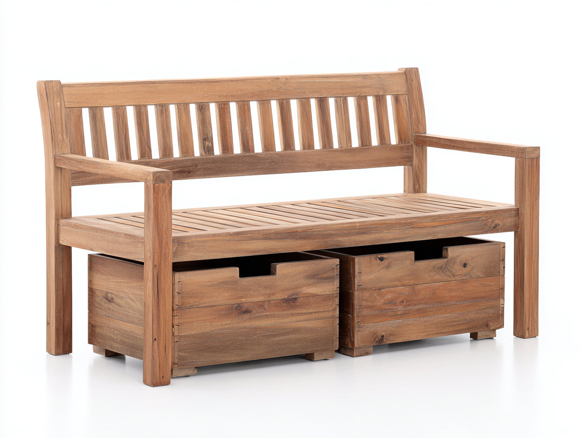 Bancos de jardín de madera 150x62x92 cm - Marrón natural - Asiento para 2 personas con 2 cajones de almacenaje