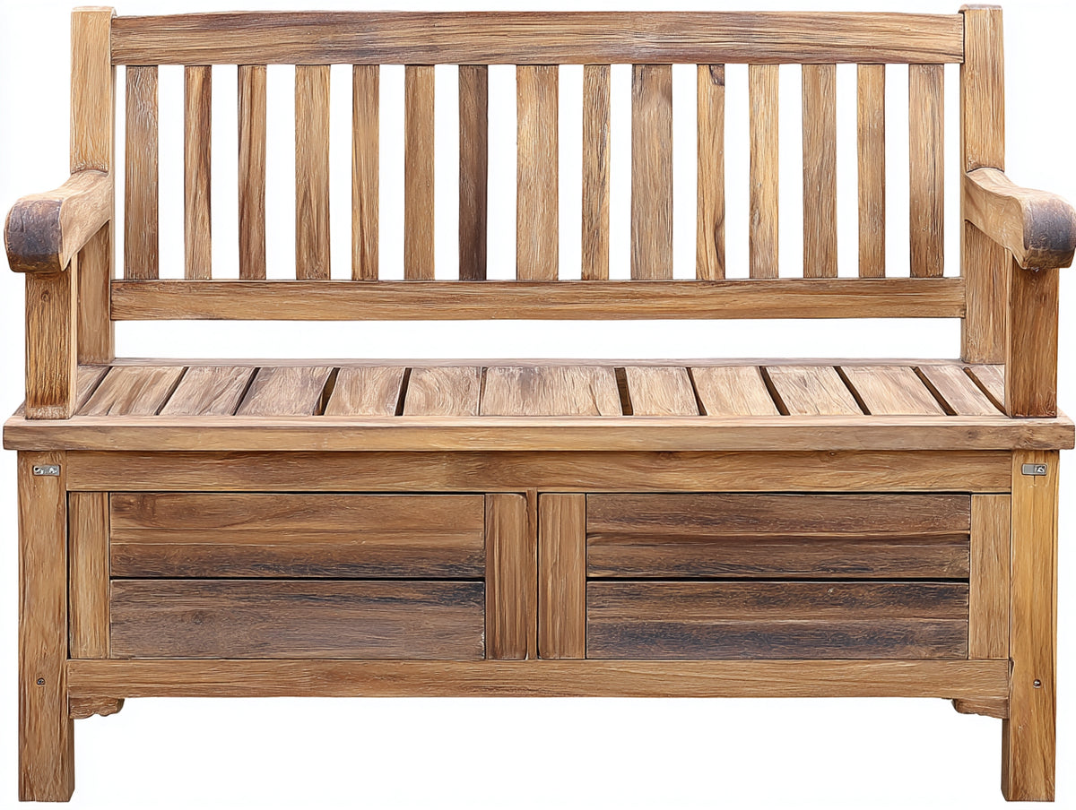 Bancos de jardín de madera 150x60x95 cm - Madera natural - Compartimento de almacenamiento con 2 puertas - Diseño rústico para terraza