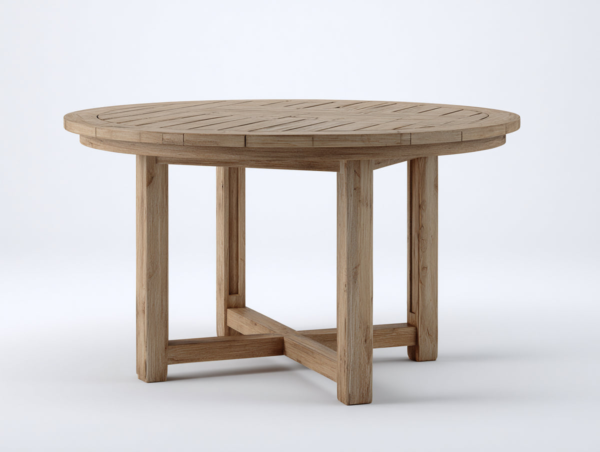 Mesas de jardín redonda de madera 120x120x76 cm - Marrón natural - Diseño con patas cruzadas