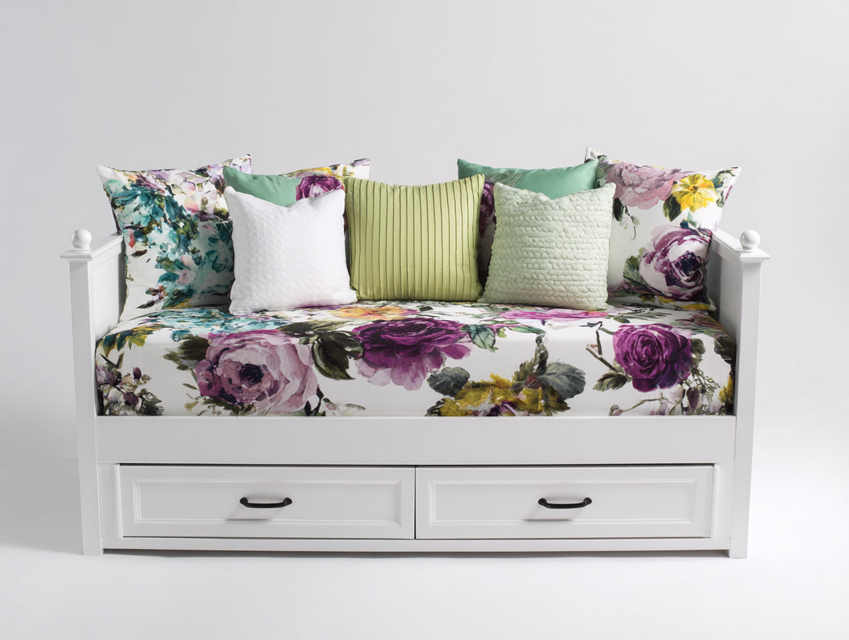 Sofás cama de madera 205 x 105 x 95 cm - Blanco y estampado floral - Diseño multifunción con 2 cajones