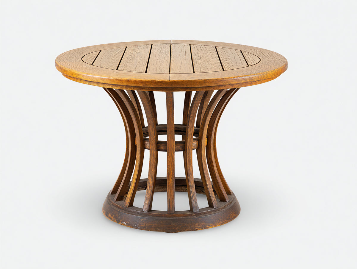 Mesas de jardín redonda de madera 105x105x75 cm - Marrón natural y marrón oscuro - Base curva de listones